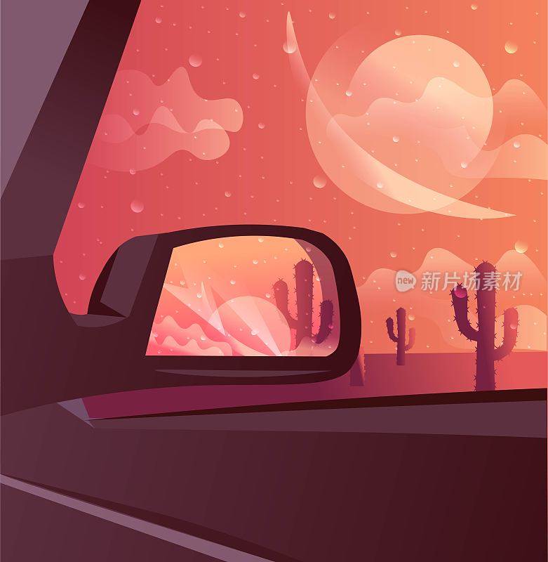沙漠日落景观与黄昏下的仙人掌通过汽车后视镜看到。