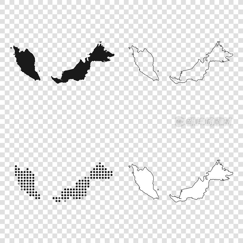 马来西亚地图设计-黑色，轮廓，马赛克和白色