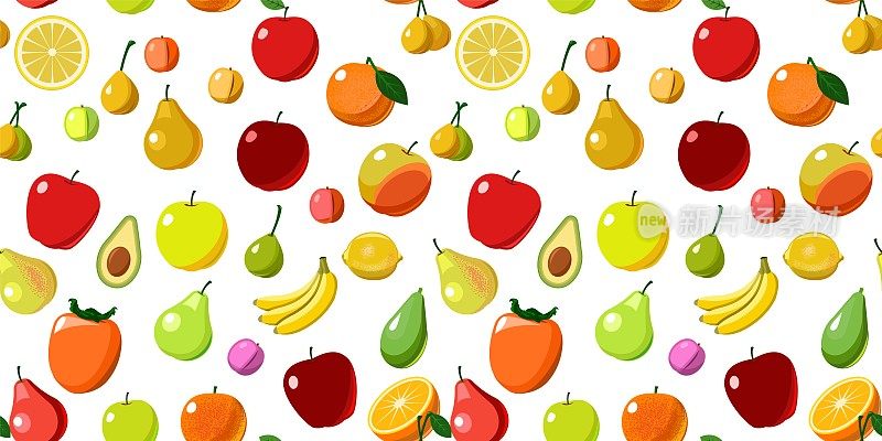 最受欢迎的水果是果树。孤立。的背景图片。卡通平的风格。苹果，梨，李子，香蕉，橘子，柠檬，柿子，鳄梨。向量
