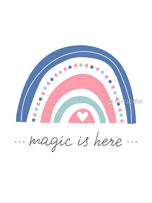 手绘彩虹。魔术是这里独特的手写字引用。可爱的儿童托儿所装饰。婴儿洗澡的海报。可爱的卡通彩虹壁纸，织物，包装，服装，印刷。矢量图