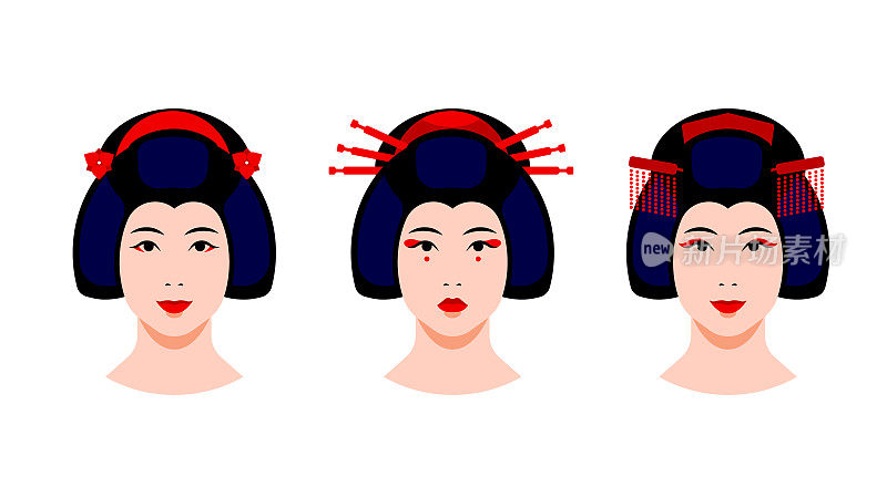 艺伎集-日本艺伎妇女的肖像与不同的化妆，发型，发夹。女性面部特写。日本文化概念，传统服饰。向量现代设置的化身，图标。