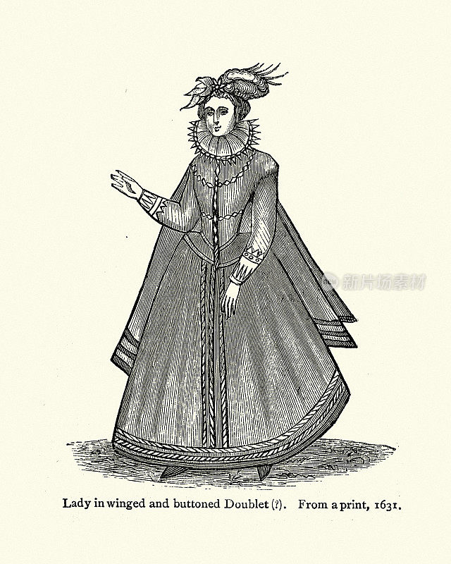 女人穿着带翅膀和钮扣的紧身上衣17世纪时尚，时期服装