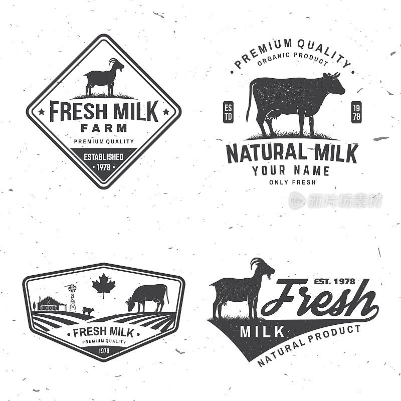 奶牛场。只有鲜奶的徽章、标志。向量。排版设计与牛，山羊剪影。模板乳品和牛奶农场企业-商店，市场，包装和菜单