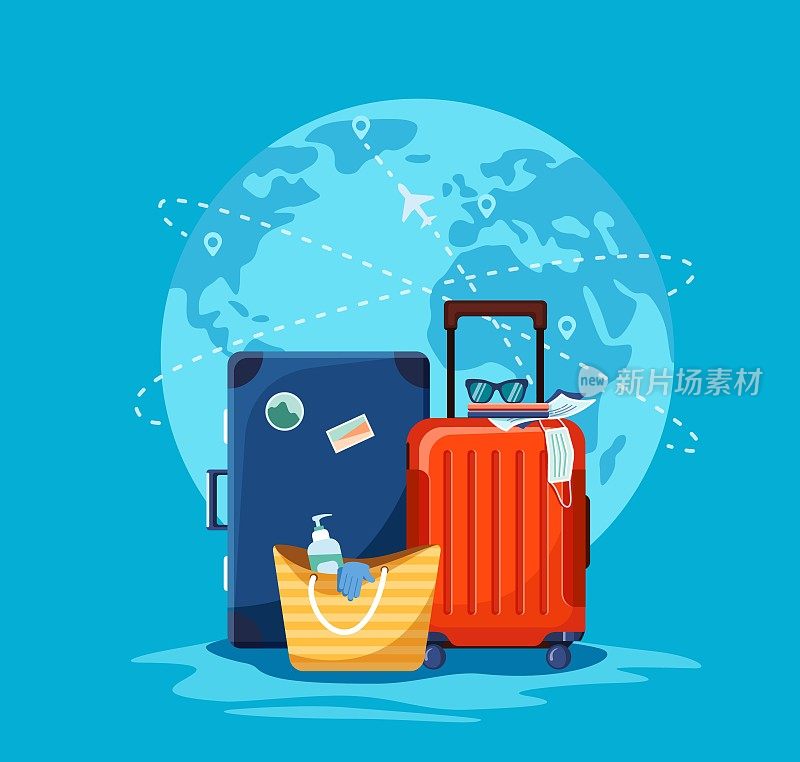 携带消毒剂和医用手套的旅行箱和手提袋在国际机场