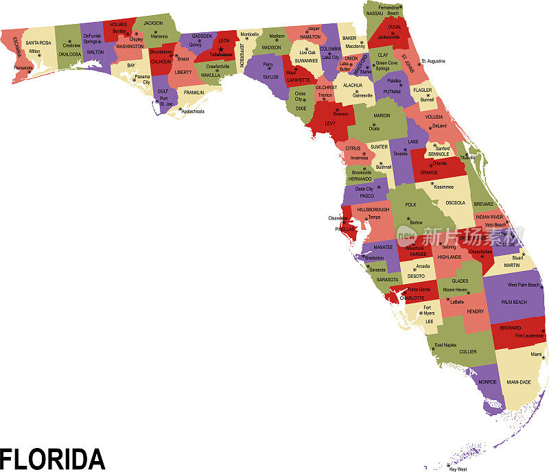 彩色平面地图的佛罗里达州与县美国