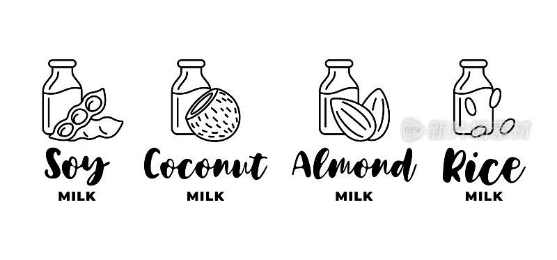 大豆，杏仁，椰子和大米牛奶标志集。线性设计徽章元素为素食乳糖无乳饮料包装。健康素食饮料手绘标志收集eps插图