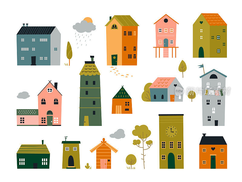 可爱的小房子。前砖房，卡通扁平房。涂鸦小家园，时髦的斯堪的纳维亚街道景观经典矢量对象设置