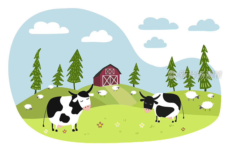 黑色和白色的奶牛在草地上吃草。羊吃草。背景是红色农场。矢量平面插图。