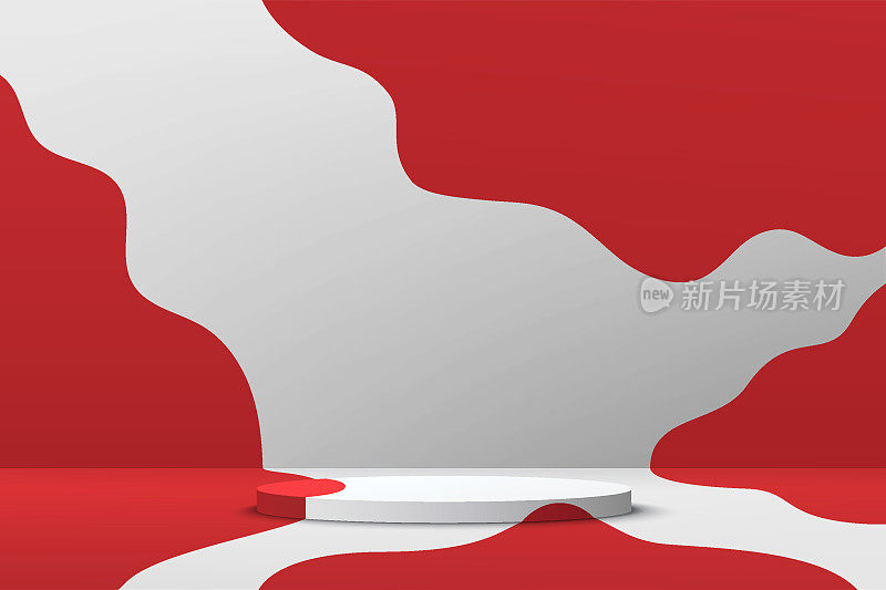 白色几何圆柱基座基座基座基座基座红色流体液体背景。矢量抽象工作室房间与现实的3D平台设计。最小的墙壁场景，用于产品展示，促销展示。