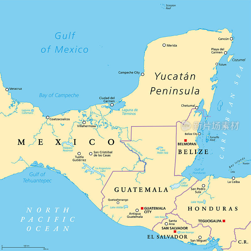 Yucatán半岛政治地图，墨西哥东南部的大半岛