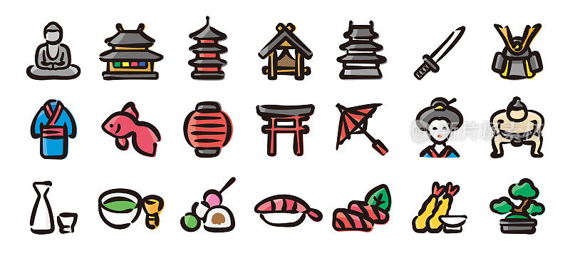 日本传统文化图形图标集(手绘彩色版)