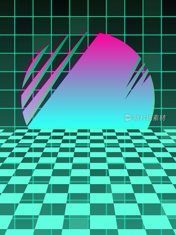 明亮的霓虹灯复古未来主义旗帜插图-太阳或月亮在瓷砖或网格背景。