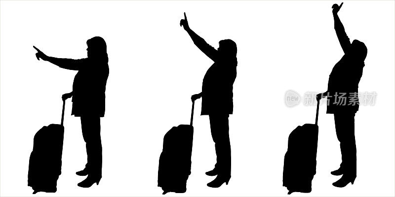 穿着裤装的女商人一边挥手，一边用另一只手握住车轮上的行李把手。乘客用手指着他前面、下面、上面的一个物体。
