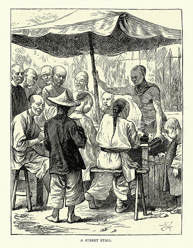 中国商人在街头摊档，市场，中国，1870年代，19世纪