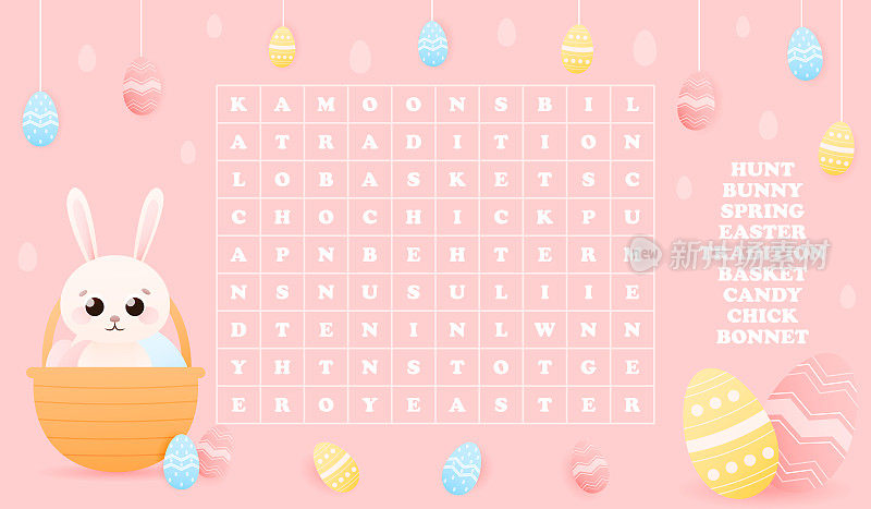 单词搜索谜语的孩子与可爱的动物性格-复活节兔子藏在篮子与彩绘的鸡蛋粉红色