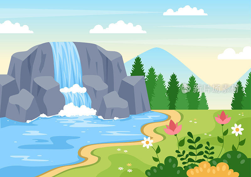 热带自然风景瀑布丛林景观与岩石瀑布，河流溪流或岩石悬崖在平坦的背景矢量插图