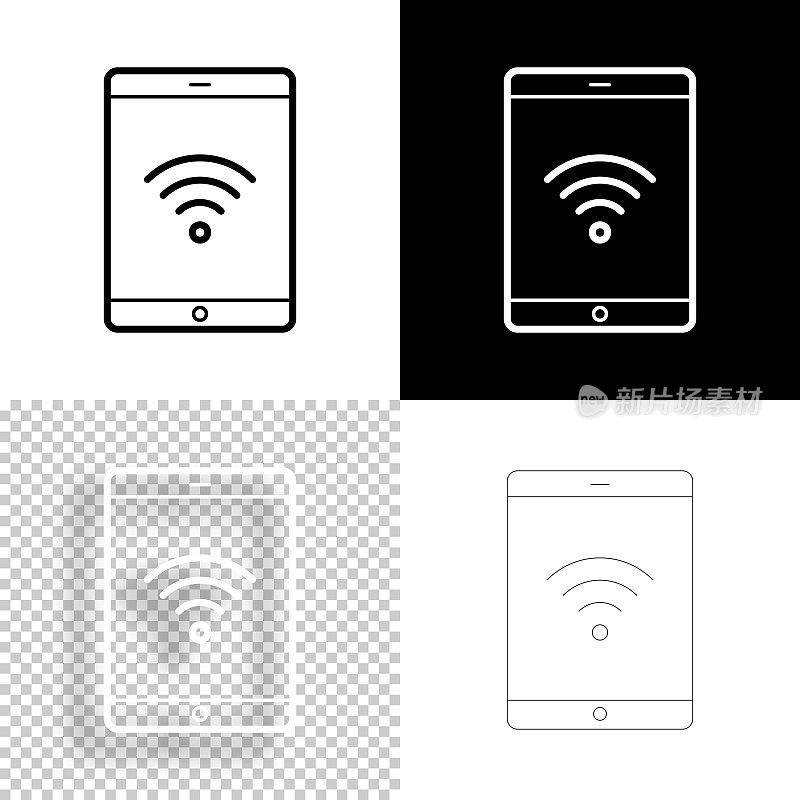 带wifi的平板电脑。图标设计。空白，白色和黑色背景-线图标