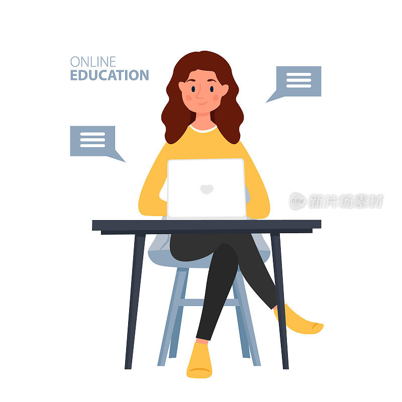 年轻女人拿着笔记本电脑。在线教育，家庭教育。视频教程。网上学习、培训、课程学习。
