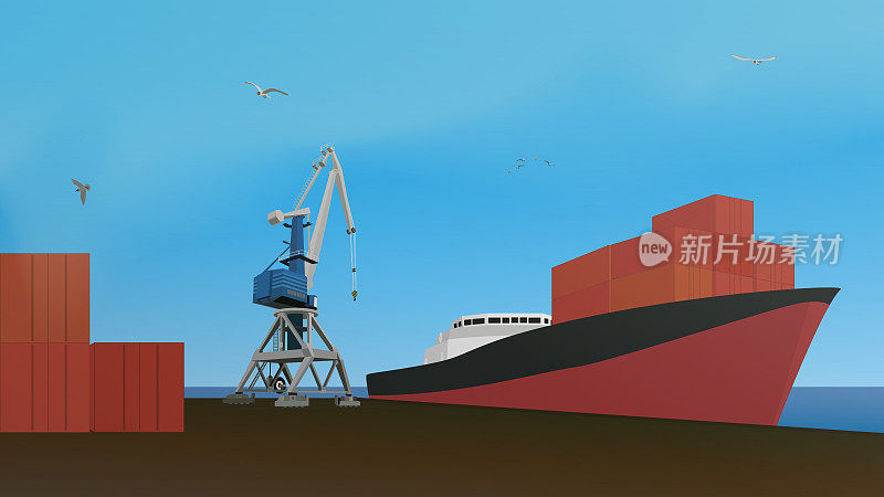 港口集装箱船和货物吊车。
