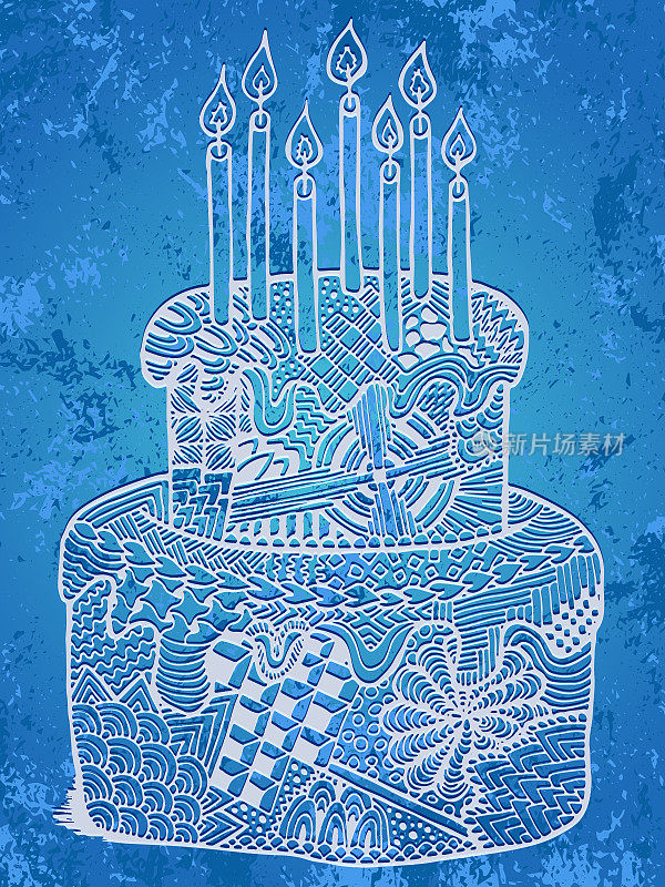 生日蛋糕着色书插图。手绘蛋糕与蜡烛。生日快乐矢量可用于网页设计、纺织布匹、生日派对卡片和请柬及印刷品。