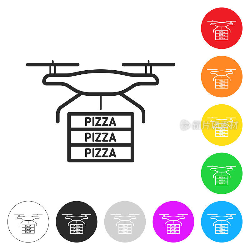 披萨外卖无人机。彩色按钮上的图标