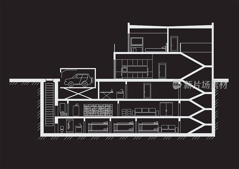 线性素描小屋剖面与多层地下室在黑色背景
