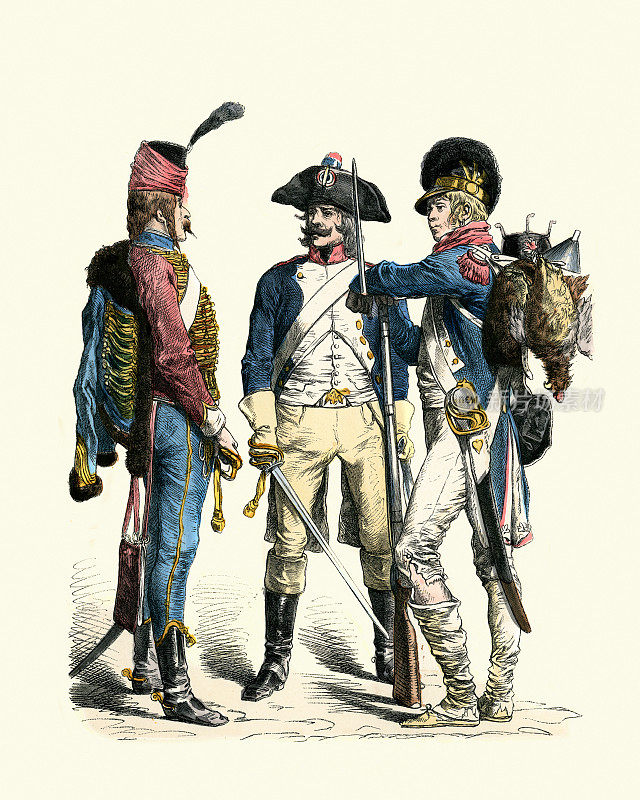 18世纪后期的法国士兵，轻骑兵，线骑兵和步兵，军事历史制服和武器