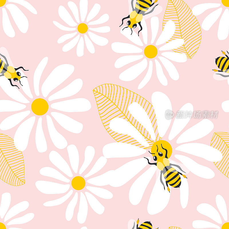 野生甘菊花和蜜蜂。无缝夏季图案与大白花和昆虫在粉红色的背景。用于现代织物上的印花。向量。