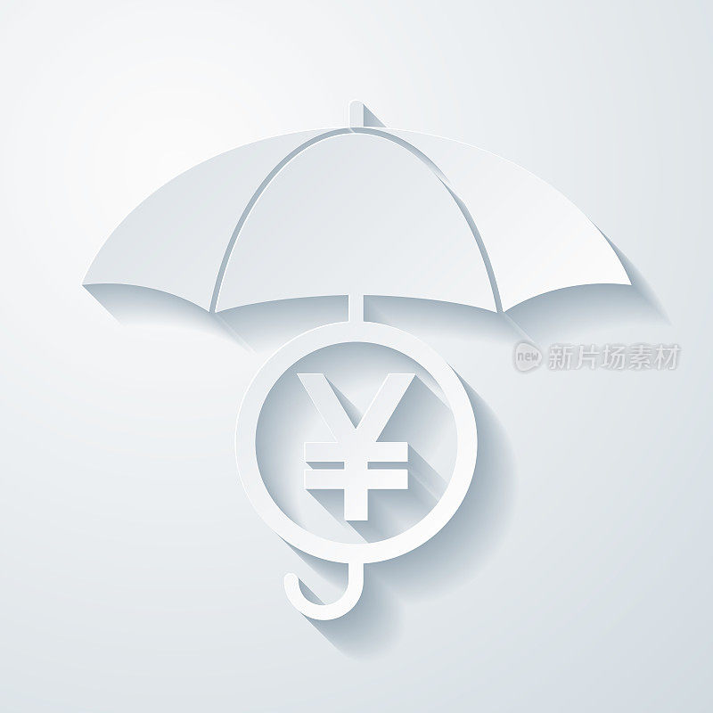 伞下的日元硬币。空白背景上剪纸效果的图标