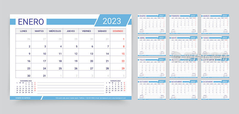 2023年的计划。西班牙日历模板。矢量插图。