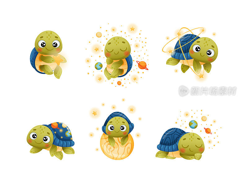 小乌龟的太空冒险。有趣的小乌龟漂浮在外太空卡通矢量插画