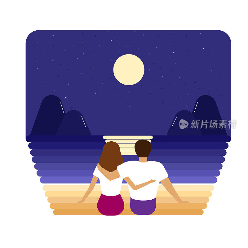 一对夫妇在海滩上的夜晚矢量插图