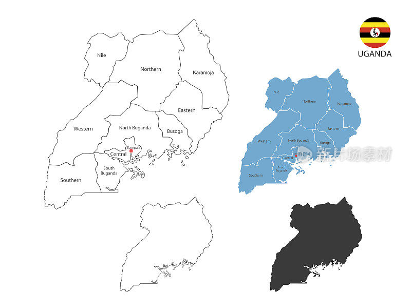 4风格的乌干达地图矢量插图有所有省份和标记乌干达的首都城市。由细黑色轮廓简约风格和暗影风格组成。孤立在白色背景。