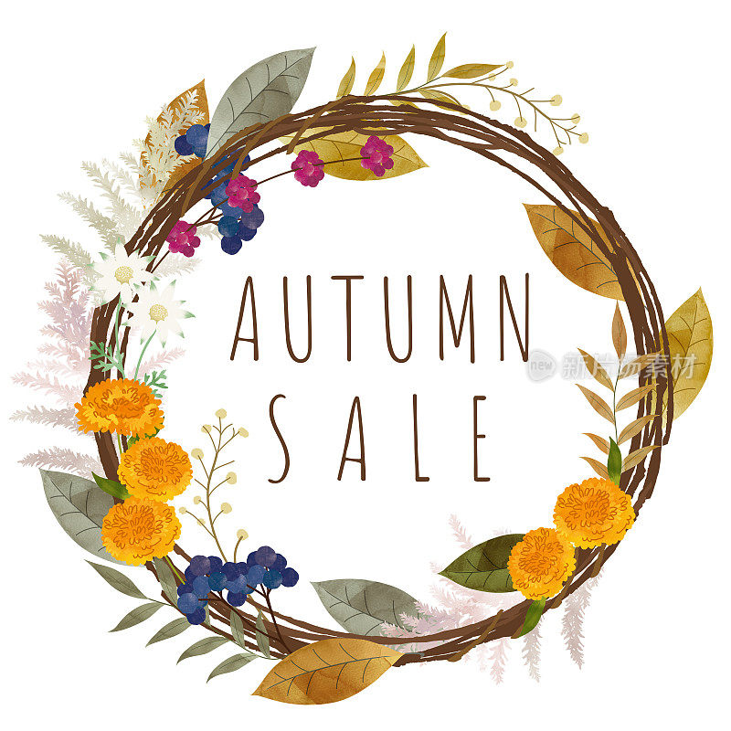 秋季销售海报。秋天的树叶和坚果的插图。