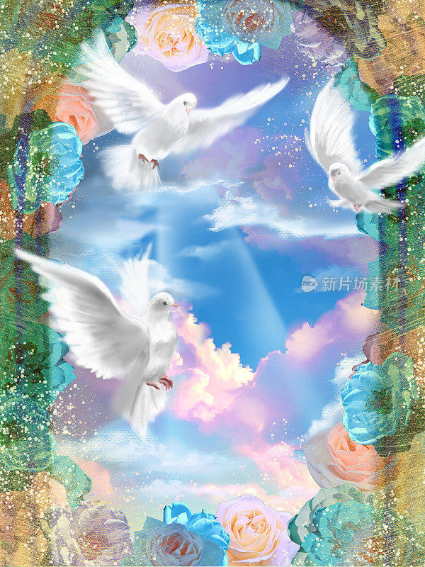 美丽的蓝天和粉彩云彩背景和白鸽在闪耀的天光背景插图飞行。