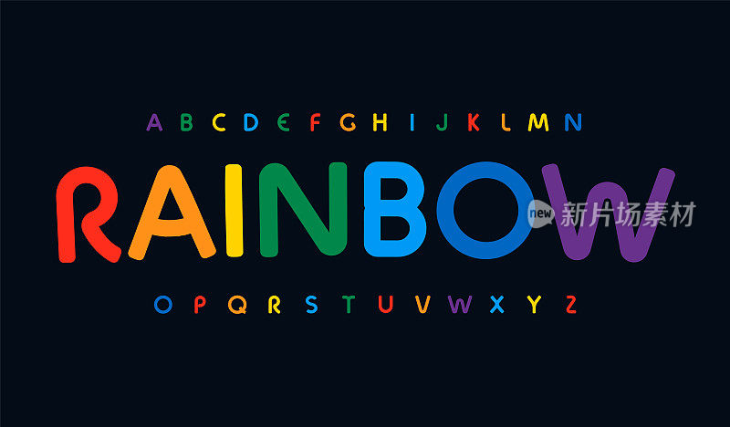 非常棒的彩虹颜色字母。圆形惊人的字体，极简风格的现代明亮的标志，标题，字母组合，创造性的字母和排版。艺术儿童彩色字母，矢量排版设计