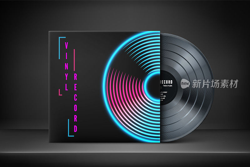 仿黑胶唱片封面在复古霓虹灯颜色。旧音乐专辑模板。老式黑胶盘