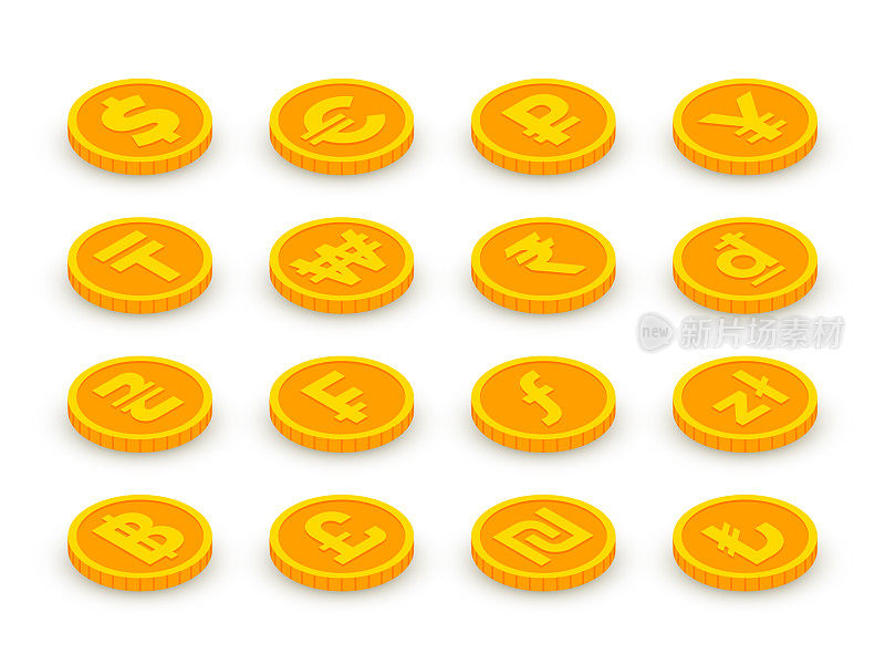 刻有世界货币符号的等距金币图标。3d欧元货币，美元，英镑，法郎，卢布，日元，卢比，人民币，韩元，里拉等硬币。矢量外国货币符号的网页，应用程序，设计