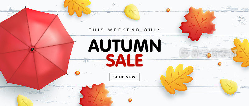 秋季销售水平横幅模板与现实的雨伞和秋叶在白色木制背景。矢量图