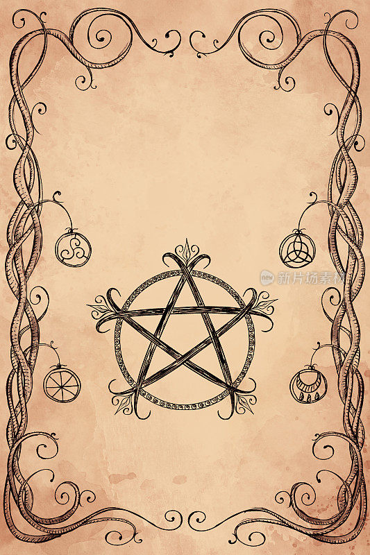 魔法巫术旧书封面。带有神秘符号和符号的巫术插图。