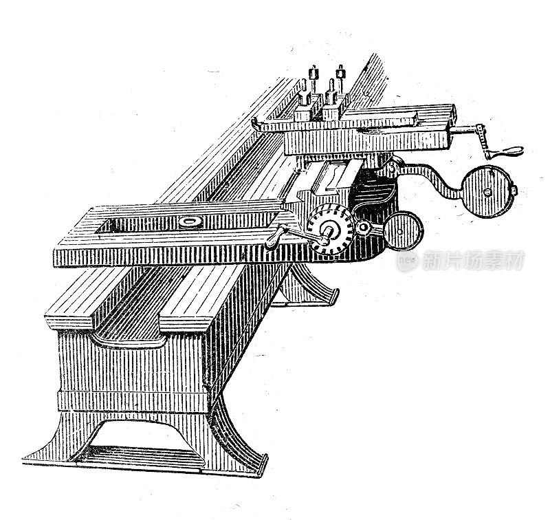 古董插图，应用机械和机器:车床车床支架