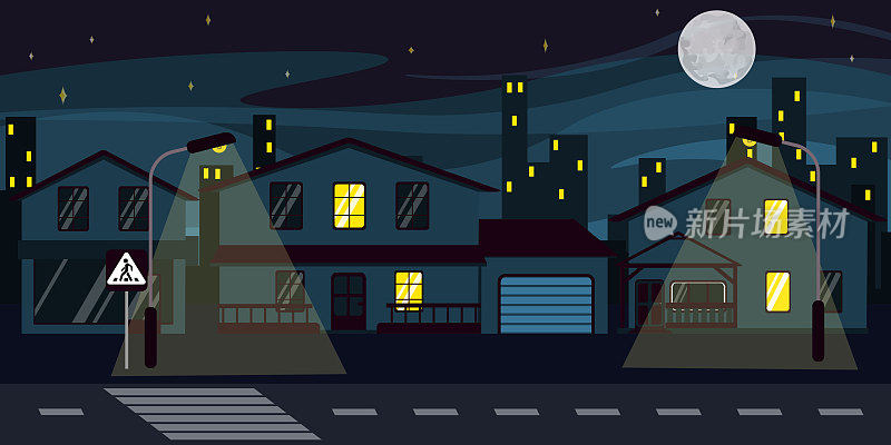 矢量插图美丽的夜晚街道。以燃烧的灯笼、星星、月亮和城市为背景的卡通城市建筑。