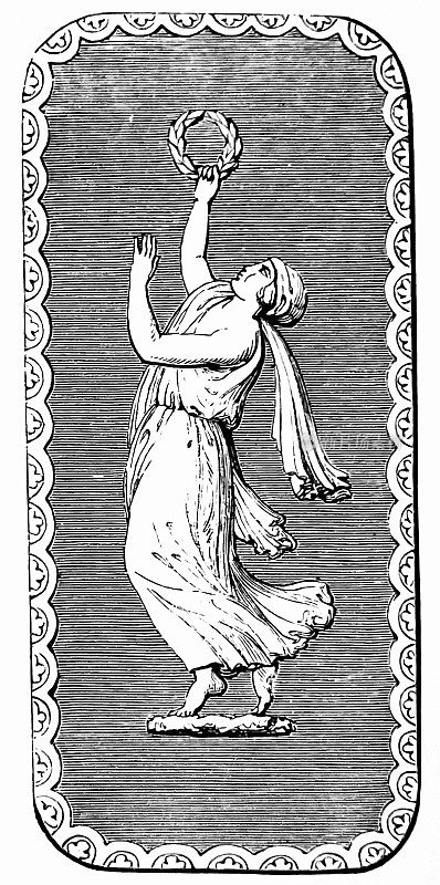 1851年，伦敦水晶宫展览，装饰上有手持月桂花环的女子