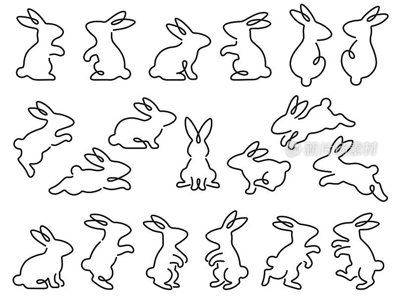 插图一套兔子画在风格的卷曲线
