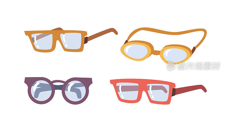 矫正视力的眼镜和带光学镜片的眼镜。孤立种类和类型的配件和框架。矢量在平面卡通风格