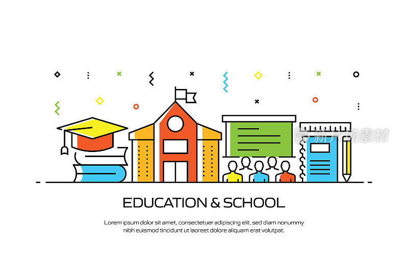 教育和学校相关的线风格横幅设计网页，标题，小册子，年度报告和书的封面