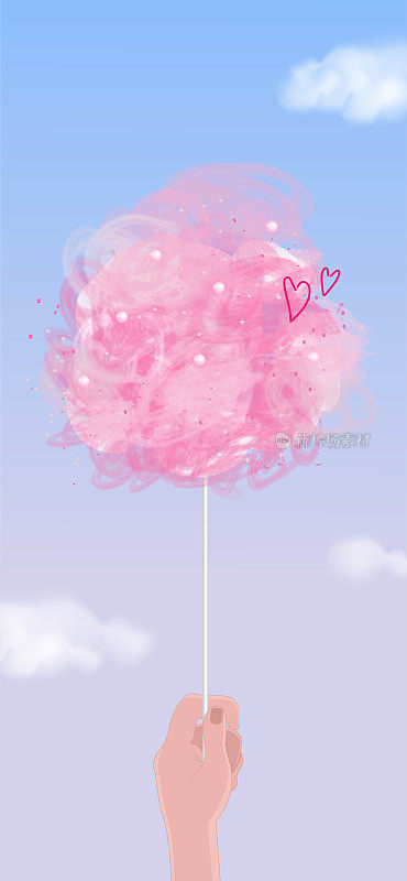 拿着粉红色的棉花糖，上面有珠子和心形，蓝天白云。手机背景，卡片，海报，模板的插图