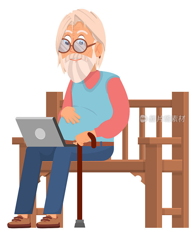 带着笔记本电脑的老人坐在长凳上。老年人在公园里放松