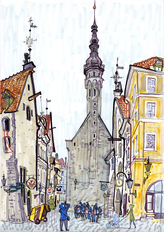 塔林市政厅和老城区。手绘素描风格的标记插图。历史建筑，波罗的海国家地标，旅游景点，旅游。爱沙尼亚，北欧。