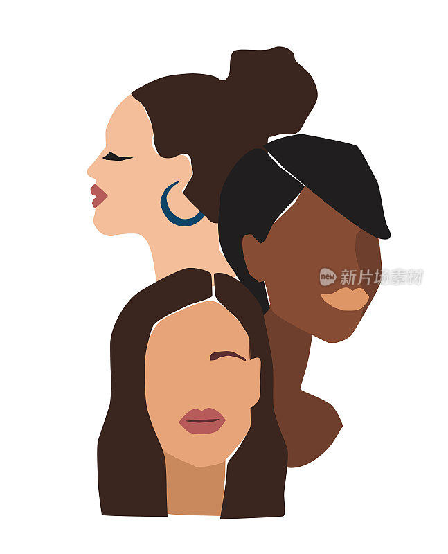 不同肤色的抽象女性的孤立矢量插图。为自由、独立、平等而奋斗。国际妇女节的概念和其他